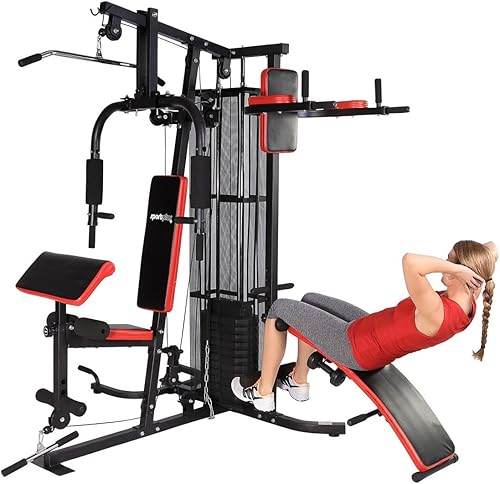 SportPlus Kraftstation, Multifunktionale Fitnessstation inkl. Gewichte, verstellbare Sit-Up-Bank, Dip-Station, Liegestützgriffe, SP-HG-015, Black/Sun…