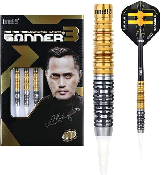 ONE80 Soft Dart Lourence Ilagan The Gunner 3 VHD 90% Tungsten Softtip Dart Softdart Dartpfeile Set mit Schäften und Flights Hochwertige Tungsten Softdarts