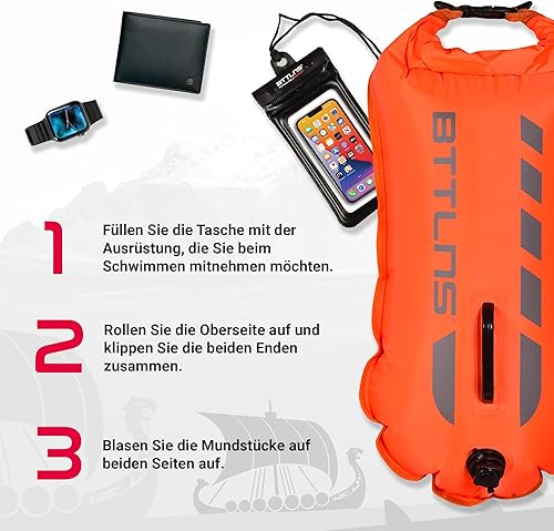 BTTLNS Schwimmboje 28L mit Tragegurte | Aufblasbare Triathlon Boje | Wasserdichter Rucksäcke | für Schwimmer und Triathleten | Höchst Sichtbar bei Freiwasser | Rucksackboje | Kronos 1.0 | Orange