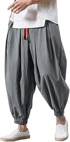 Haremshose Herren Baumwolle Leinen Hose Männer Einfarbige Freizeithose Bequeme Atmungsaktive Pumphose Stretch Sommer Aladinhose Pluderhose Leichte Elastisches Jogging Yoga Sommerhose with Taschen