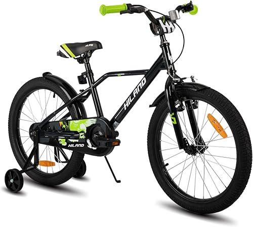 HILAND 20 Zoll Kinderfahrrad für Jungen 6 7 8 9 10 Jahre mit Stützrädern, Handbremse und Rücktrittbremse Schwarz/Grün