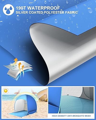 Strandmuschel Pop Up, Strandzelt für 3-4 Personen, Strandmuschel Baby UV Schutz, Tragbar Extra Light Strandzelt, für Familie Strand Camping, Wanderausflug, Garten, Grillparty
