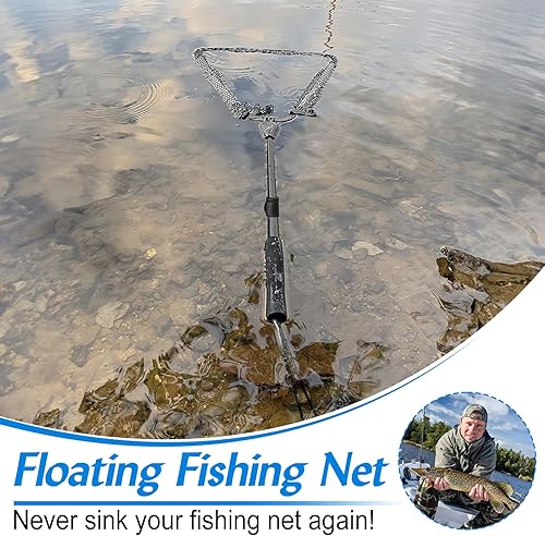 Goture Schwimmendes Fischernetz, Fischernetz mit integrierter Längenskala, Aluminium-Teleskopgriff, Gumminetz, faltbares Fischernetz, einziehbares Fischernetz zum Barschangeln
