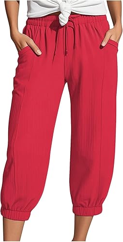 Generisch Musselin Hose Damen 3/4 Sommerhose 2025 High Waist Leichte Stoffhose Atmungsaktives Schnell Trocknend Strandhose Stretch Einfarbig Gerades Bein Caprihose Mit Kordelzug Und Taschen