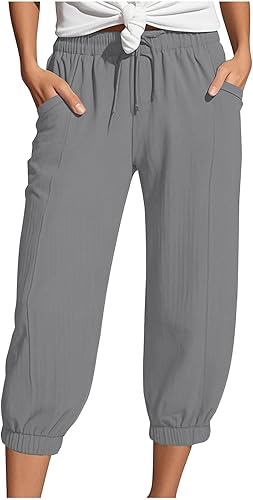 Generisch Musselin Hose Damen 3/4 Sommerhose 2025 High Waist Leichte Stoffhose Atmungsaktives Schnell Trocknend Strandhose Stretch Einfarbig Gerades Bein Caprihose Mit Kordelzug Und Taschen
