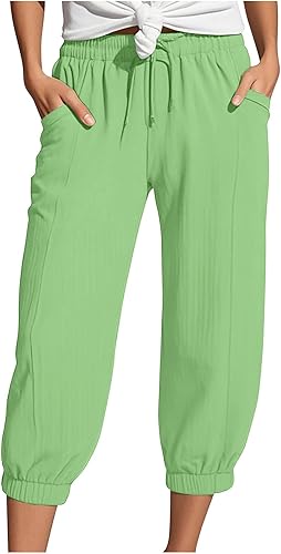 Generisch Musselin Hose Damen 3/4 Sommerhose 2025 High Waist Leichte Stoffhose Atmungsaktives Schnell Trocknend Strandhose Stretch Einfarbig Gerades Bein Caprihose Mit Kordelzug Und Taschen