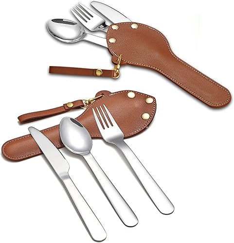 Berglander tragbares Camping Besteck Set 3-teiliges mit Lederbeutel leicht in der Tasche zu tragen, Edelstahlmesser, Löffel und Gabel Set perfekt für Schule, Arbeit, Bauernhof, Picknick, Reisen