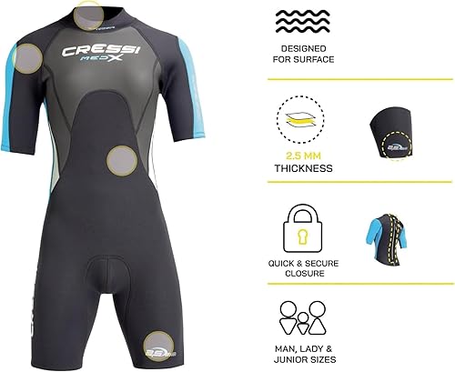 CRESSI Women's Med X Lady Shorty Wetsuit 2.5mm Black/Light Blue/Grey 2XL/6 Kurzer Neoprenanzug für Damen aus 2,5 mm Hochelastischem, Schwarz/Hellblau/Grau, XXL