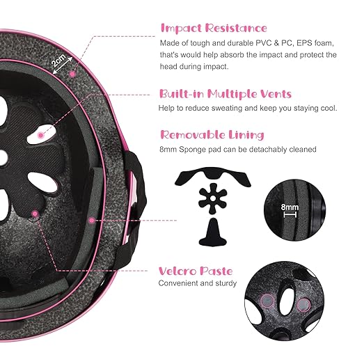 SAMIT Knieschoner Kinder 7 in 1 Set mit Skaterhelm, Inliner Schützer für Kinder Verstellbare Kinder Schutzausrüstung Set (5-12 Jahre) für Skateboard Rollschuhe Scooter Sport Hellrosa+Grau