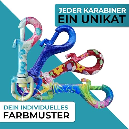 NEU KEYU® Bolzenkarabiner Handarbeit | Jeder Karabiner ein Unikat | Karabinerhaken | Karabiner Schlüsselanhänger | Karabinerhaken mit Drehgelenk | Karabiner Edelstahl | Wirbelkarabiner (Flower Power)