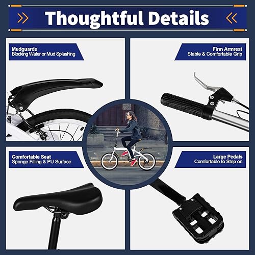 20 Zoll Klapprad Fahrräder, 6 Gang Faltbares Stadtrad Für Erwachsene, Höhenverstellbares Camping Bike Mit Verstellbare, Fahrrad Erwachsene Bis Tragfähigkeit 90KG Weiß