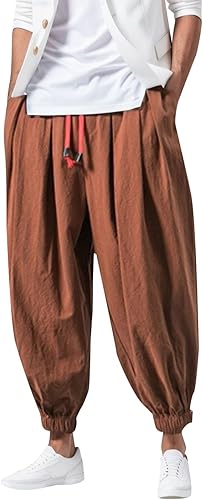 Haremshose Herren Baumwolle Leinen Hose Männer Einfarbige Freizeithose Bequeme Atmungsaktive Pumphose Stretch Sommer Aladinhose Pluderhose Leichte Elastisches Jogging Yoga Sommerhose with Taschen