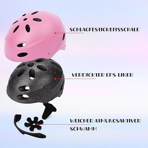 SAMIT Knieschoner Kinder 7 in 1 Set mit Skaterhelm, Inliner Schützer für Kinder Verstellbare Kinder Schutzausrüstung Set (5-12 Jahre) für Skateboard Rollschuhe Scooter Sport Hellrosa+Grau