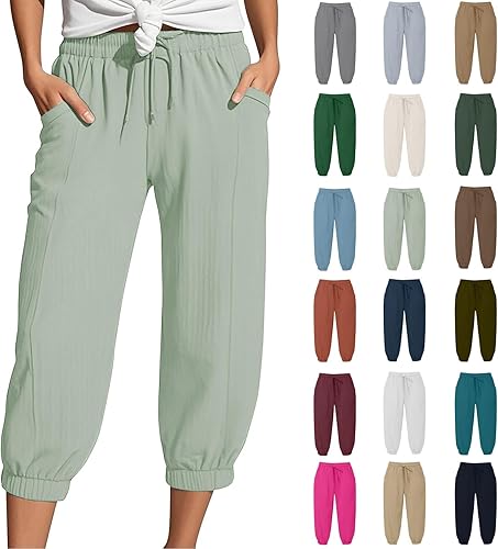 Generisch Musselin Hose Damen 3/4 Sommerhose 2025 High Waist Leichte Stoffhose Atmungsaktives Schnell Trocknend Strandhose Stretch Einfarbig Gerades Bein Caprihose Mit Kordelzug Und Taschen