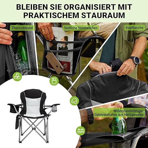 FUNDANGO Campingstuhl Faltbar Klappstuhl Camping Gepolstert mit Getränkehalter Kühltasche Camping Stuhl Sessel Hochlehner Verstellbarer Rückenlehne Gartenstuhl Anglerstuhl