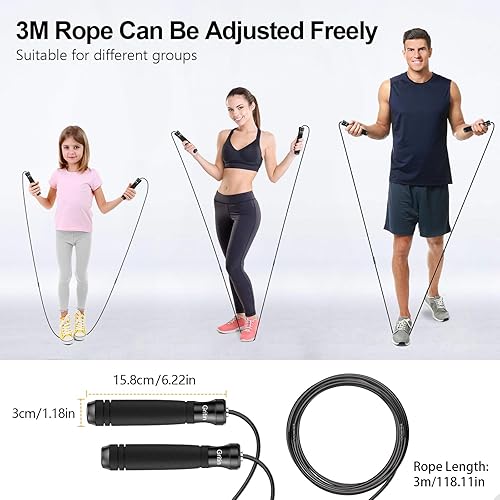Gritin Springseil, Speed Rope Verstellbar mit Rutschfest & Ergonomisch Griffe, 3 Meter Länge Einstellbar Seil mit Skalenmarkierung, für Fitness & Ausdauer & Seilspringen, inkl. Längenversteller