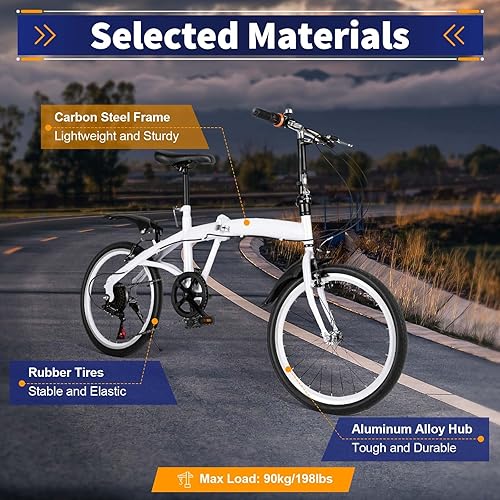 20 Zoll Klapprad Fahrräder, 6 Gang Faltbares Stadtrad Für Erwachsene, Höhenverstellbares Camping Bike Mit Verstellbare, Fahrrad Erwachsene Bis Tragfähigkeit 90KG Weiß