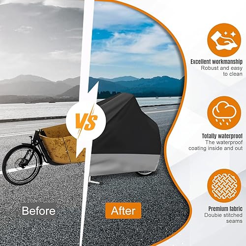 Lastenrad Abdeckung, Fahrradabdeckung wasserdicht aus 420D Oxford-Gewebe verschweißte Innennähte Fahrradgarage für Lastenrad Abdeckplane Fahrradschutzhülle Cargo Bike einspurig