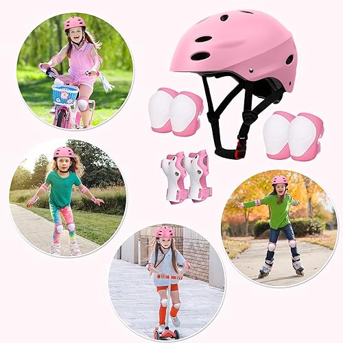 SAMIT Knieschoner Kinder 7 in 1 Set mit Skaterhelm, Inliner Schützer für Kinder Verstellbare Kinder Schutzausrüstung Set (5-12 Jahre) für Skateboard Rollschuhe Scooter Sport Hellrosa+Grau