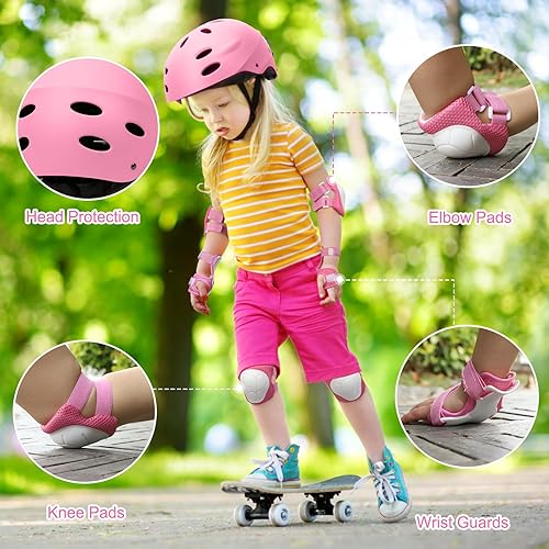 SAMIT Knieschoner Kinder 7 in 1 Set mit Skaterhelm, Inliner Schützer für Kinder Verstellbare Kinder Schutzausrüstung Set (5-12 Jahre) für Skateboard Rollschuhe Scooter Sport Hellrosa+Grau