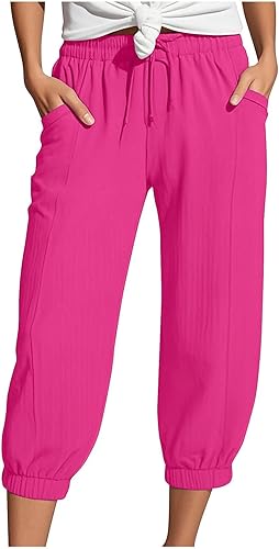 Generisch Musselin Hose Damen 3/4 Sommerhose 2025 High Waist Leichte Stoffhose Atmungsaktives Schnell Trocknend Strandhose Stretch Einfarbig Gerades Bein Caprihose Mit Kordelzug Und Taschen