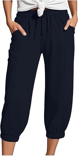 Generisch Musselin Hose Damen 3/4 Sommerhose 2025 High Waist Leichte Stoffhose Atmungsaktives Schnell Trocknend Strandhose Stretch Einfarbig Gerades Bein Caprihose Mit Kordelzug Und Taschen