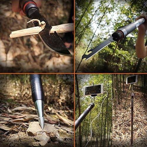 RaManda Vielseitig Abnehmbare Wanderstöcke Wild Survival Selbstverteidigung Gehstock Verstellbare Faltbar Spazierstock Leichtgewicht 7075 Aluminiumrohr mit Handyhalter
