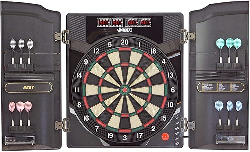 Best Sporting Dartscheibe elektronisch Oxford 2.0 I elektronische Dartscheibe mit LED-Anzeigen I E-Dartscheibe mit 12 Dartpfeilen & Ersatzspitzen I Dartboard Kabinett mit Walnuss-Optik