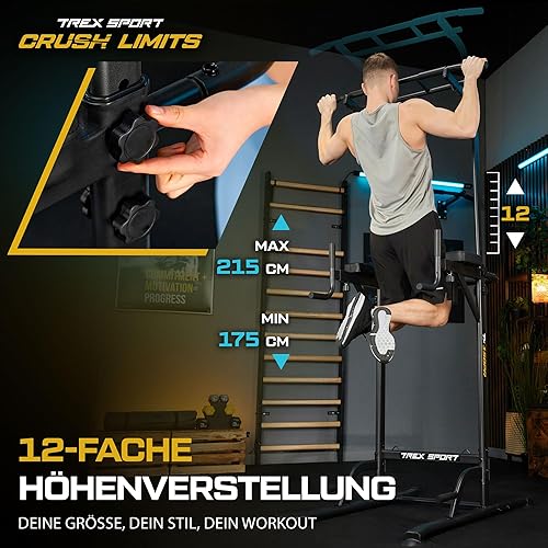 TREX SPORT Power Tower TX-150PR | Dip Station & Klimmzugstange freistehend |Multifunktionaler Kraftturm mit Expandern |Fitness Kraftstation bis 150 kg