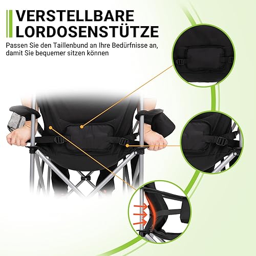 FUNDANGO Campingstuhl Faltbar Klappstuhl Camping Gepolstert mit Getränkehalter Kühltasche Camping Stuhl Sessel Hochlehner Verstellbarer Rückenlehne Gartenstuhl Anglerstuhl