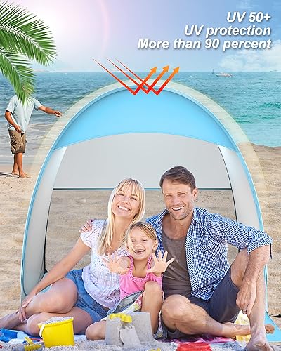 Strandmuschel Pop Up, Strandzelt für 3-4 Personen, Strandmuschel Baby UV Schutz, Tragbar Extra Light Strandzelt, für Familie Strand Camping, Wanderausflug, Garten, Grillparty
