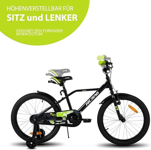 HILAND 20 Zoll Kinderfahrrad für Jungen 6 7 8 9 10 Jahre mit Stützrädern, Handbremse und Rücktrittbremse Schwarz/Grün