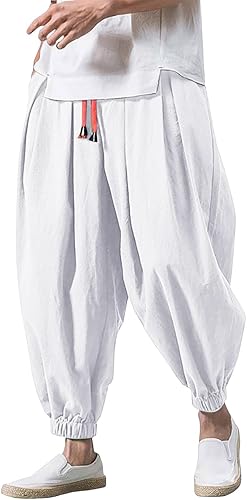 Haremshose Herren Baumwolle Leinen Hose Männer Einfarbige Freizeithose Bequeme Atmungsaktive Pumphose Stretch Sommer Aladinhose Pluderhose Leichte Elastisches Jogging Yoga Sommerhose with Taschen