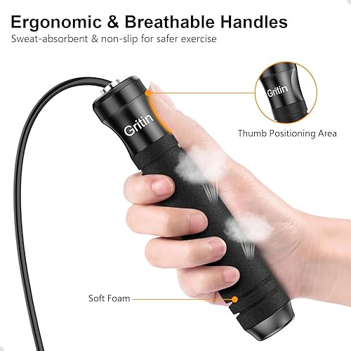 Gritin Springseil, Speed Rope Verstellbar mit Rutschfest & Ergonomisch Griffe, 3 Meter Länge Einstellbar Seil mit Skalenmarkierung, für Fitness & Ausdauer & Seilspringen, inkl. Längenversteller