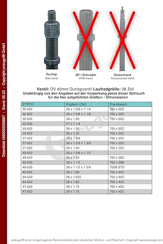2X Schlauch Continental 33-622 (28x1.30) DV 40mm Dunlopventil +Reifenheber