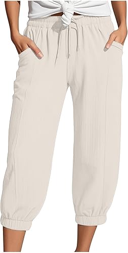 Generisch Musselin Hose Damen 3/4 Sommerhose 2025 High Waist Leichte Stoffhose Atmungsaktives Schnell Trocknend Strandhose Stretch Einfarbig Gerades Bein Caprihose Mit Kordelzug Und Taschen