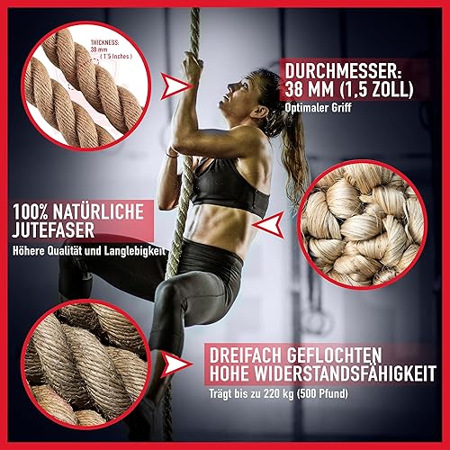 TORO GEAR | 38 Millimeter Juteseil zum Klettern, 3-6 Meter | Kletterseil mit Karabinerhaken und Aufhänger für Crossfit, Fitness, Fitnessstudios und Feuerwehrtraining (38 mm X 6 m)