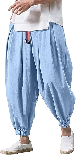 Haremshose Herren Baumwolle Leinen Hose Männer Einfarbige Freizeithose Bequeme Atmungsaktive Pumphose Stretch Sommer Aladinhose Pluderhose Leichte Elastisches Jogging Yoga Sommerhose with Taschen