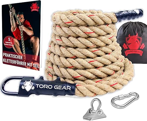 TORO GEAR | 38 Millimeter Juteseil zum Klettern, 3-6 Meter | Kletterseil mit Karabinerhaken und Aufhänger für Crossfit, Fitness, Fitnessstudios und Feuerwehrtraining (38 mm X 6 m)