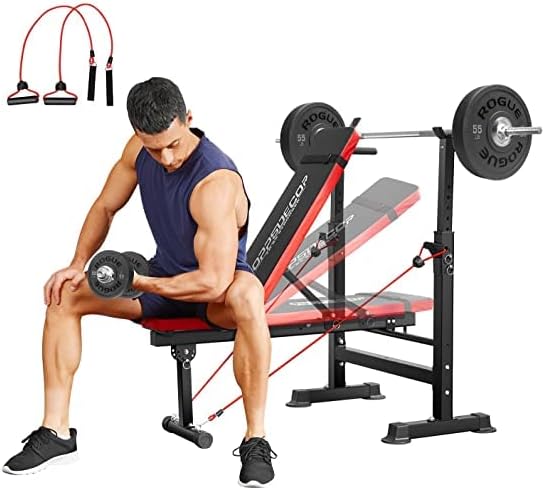 OppsDecor 150 kg 5-in-1 verstellbare olympische Hantelbank Set mit Beinentwickler, Preacher Curl Rack Multifunktions-Bankpresse Set für Ganzkörpertraining (Schwarz)
