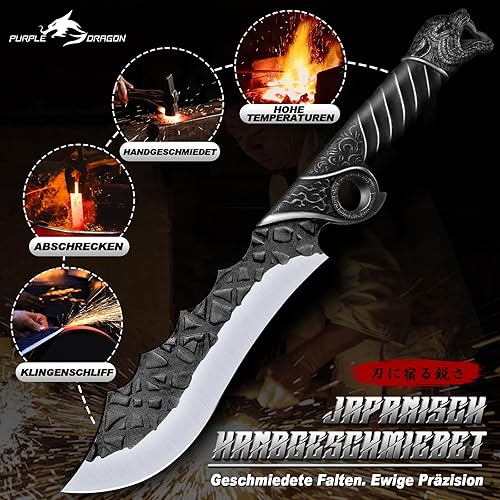 Purple Dragon Outdoor Messer Großes - 5mm Klingenrücken, Survival Messer aus Manganstahl, Full Tang Machete mit Zinklegierungs-Griff und Scheide, Ideal für Holz hacken, Geschenk für Männer, Schwarz