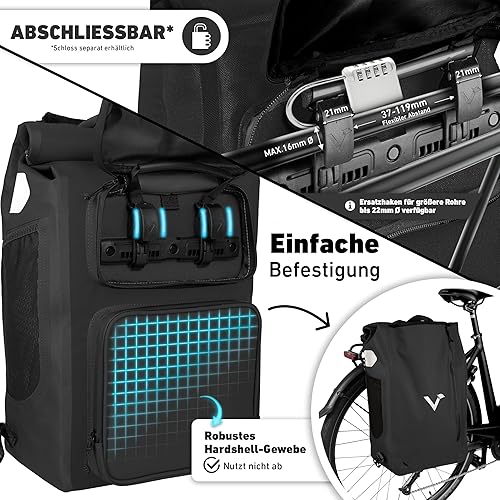 Valkental® UrbanX 2in1 Fahrradtasche & Rucksack kombiniert [28L Volumen] wasserdichte Gepäckträgertasche mit abschließbarer Befestigung – Elegante Radtasche & stylischer Rucksack – Geprüfte Qualität