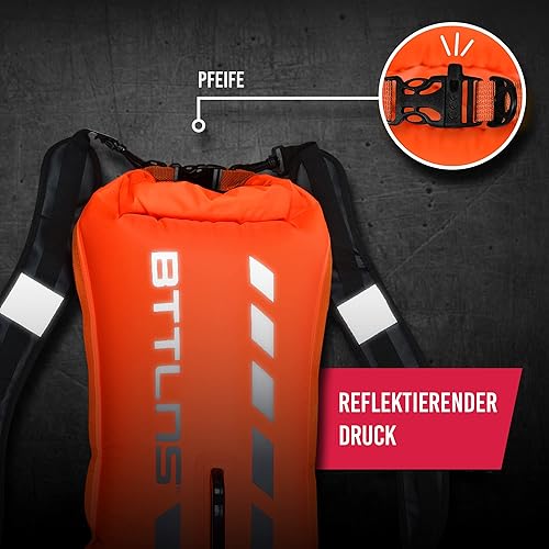 BTTLNS Schwimmboje 28L mit Tragegurte | Aufblasbare Triathlon Boje | Wasserdichter Rucksäcke | für Schwimmer und Triathleten | Höchst Sichtbar bei Freiwasser | Rucksackboje | Kronos 1.0 | Orange