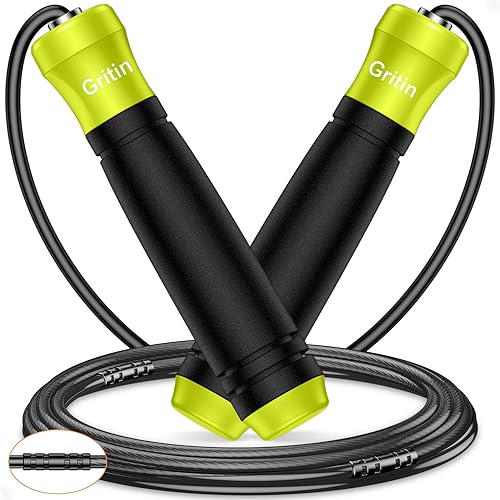 Gritin Springseil, Speed Rope Verstellbar mit Rutschfest & Ergonomisch Griffe, 3 Meter Länge Einstellbar Seil mit Skalenmarkierung, für Fitness & Ausdauer & Seilspringen, inkl. Längenversteller