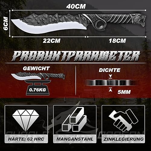 Purple Dragon Outdoor Messer Großes - 5mm Klingenrücken, Survival Messer aus Manganstahl, Full Tang Machete mit Zinklegierungs-Griff und Scheide, Ideal für Holz hacken, Geschenk für Männer, Schwarz