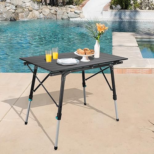 Synlyn Tragbar Campingtisch Klapptisch 90 x 52 x (45-67) cm Aluminium Camping Tisch Falttisch Reisetisch für Camping Outdoor Picknick BBQ Wandern Reise Angeln - Silber, Schwarz