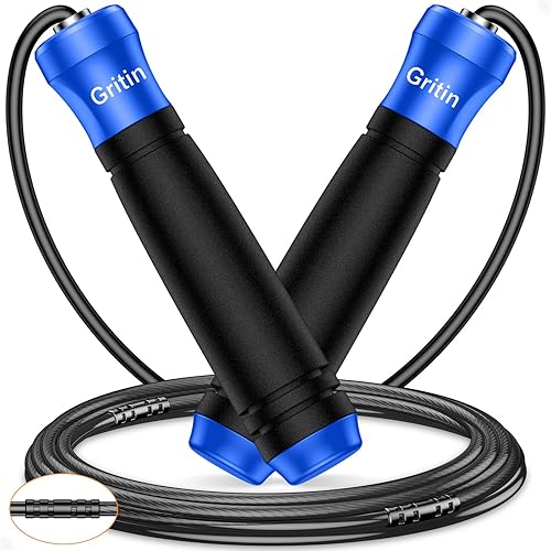 Gritin Springseil, Speed Rope Verstellbar mit Rutschfest & Ergonomisch Griffe, 3 Meter Länge Einstellbar Seil mit Skalenmarkierung, für Fitness & Ausdauer & Seilspringen, inkl. Längenversteller