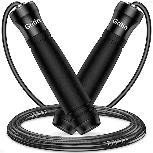 Gritin Springseil, Speed Rope Verstellbar mit Rutschfest & Ergonomisch Griffe, 3 Meter Länge Einstellbar Seil mit Skalenmarkierung, für Fitness & Ausdauer & Seilspringen, inkl. Längenversteller