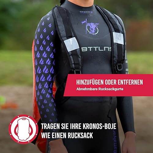 BTTLNS Schwimmboje 28L mit Tragegurte | Aufblasbare Triathlon Boje | Wasserdichter Rucksäcke | für Schwimmer und Triathleten | Höchst Sichtbar bei Freiwasser | Rucksackboje | Kronos 1.0 | Orange