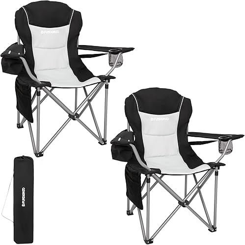 FUNDANGO Campingstuhl Faltbar Klappstuhl Camping Gepolstert mit Getränkehalter Kühltasche Camping Stuhl Sessel Hochlehner Verstellbarer Rückenlehne Gartenstuhl Anglerstuhl